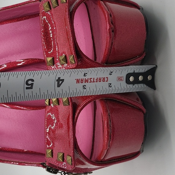 37- Show Story Skull Heel Pink Glitter Platform Heels Sz 10 Open Toe Studded - Picture 6 of 14